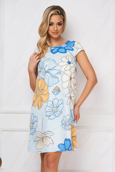 Rochii cu imprimeu floral albastre cu maneca lunga, Rochie StarShinerS scurta din material usor elastic cu croi larg si imprimeu floral - StarShinerS.ro