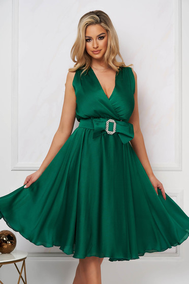 Green dress midi occasional cloche from veil fabric sleeveless detachable cord
