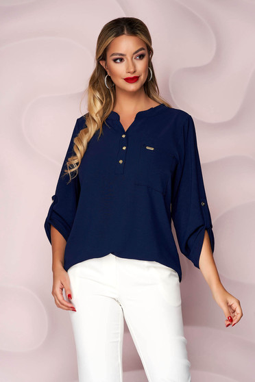 Office Blouses, Darkblue women`s blouse loose fit a front pocket georgette - StarShinerS.com
