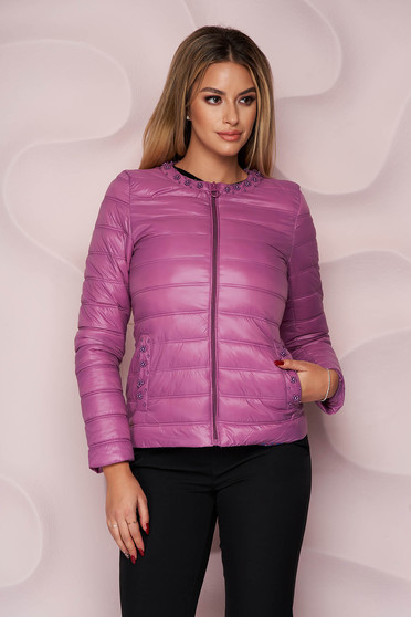 Sales jackets, Purple jacket from slicker thin fabric with pockets with pearls straight - StarShinerS.com
