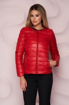 Red jacket from slicker thin fabric with pockets with pearls straight
