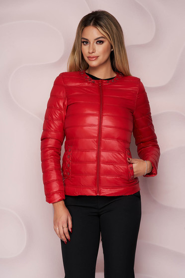 Red jacket from slicker thin fabric with pockets with pearls straight