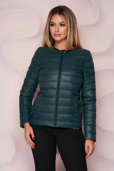 Coats & Jackets, Darkgreen jacket from slicker thin fabric with pockets with pearls straight - StarShinerS.com