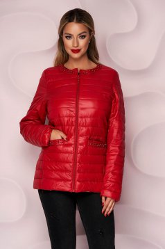 Red jacket from slicker thin fabric with pearls straight