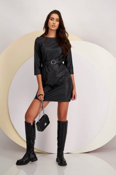 Ecological leather dresses, Black dress straight from ecological leather faux leather belt - StarShinerS.com
