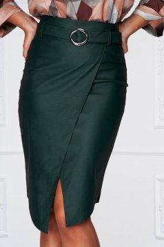 Darkgreen skirt pencil from ecological leather asymmetrical