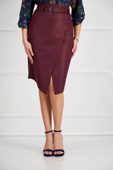 Office skirts, Burgundy skirt pencil from ecological leather asymmetrical - StarShinerS.com