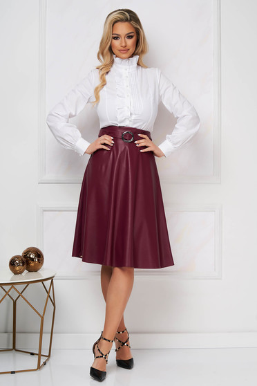Burgundy skirt from ecological leather cloche office faux leather belt