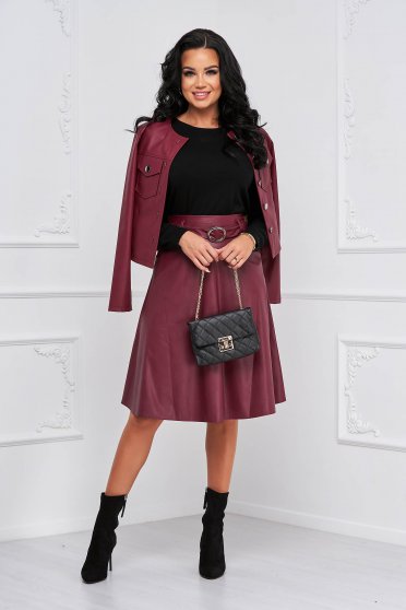 Ecological leather skirts, Burgundy skirt from ecological leather cloche faux leather belt - StarShinerS.com
