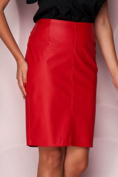 Red skirt short cut pencil from ecological leather office slightly elastic fabric