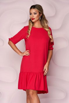 Fuchsia dress with ruffle details from veil fabric loose fit with 3/4 sleeves