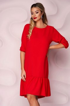 Red dress with ruffle details from veil fabric loose fit with 3/4 sleeves