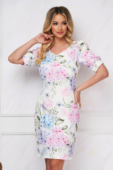 StarShinerS dress pencil non-flexible thin fabric with floral print short cut with v-neckline