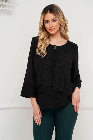 Black women`s blouse loose fit thin fabric from veil fabric accessorized with breastpin asymmetrical office
