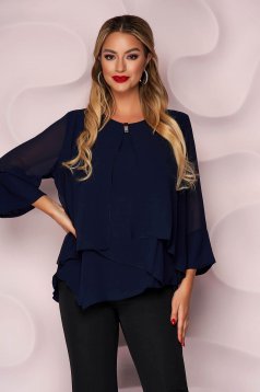 Darkblue women`s blouse asymmetrical with metalic accessory loose fit office airy fabric thin fabric