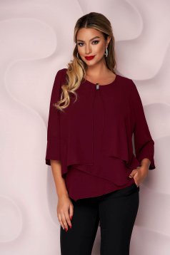 Burgundy women`s blouse asymmetrical with metalic accessory loose fit from veil fabric