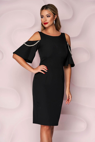 StarShinerS black both shoulders cut out elegant dress with pearls