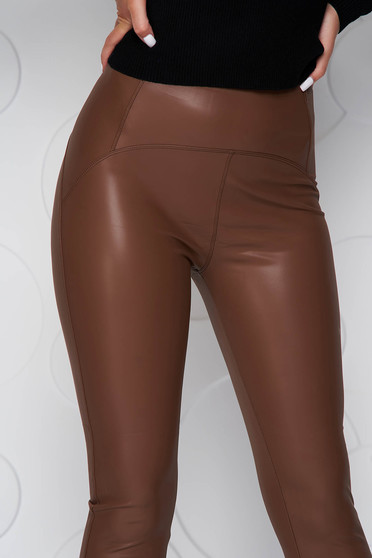 Brown tights high waisted ecological leather from fluffy fabric