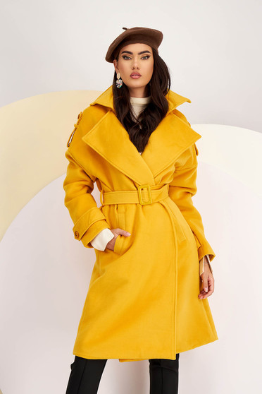 Casual coats, Long Mustard Cloth Coat with Wide Cut and Detachable Belt - SunShine - StarShinerS.com