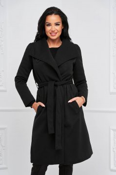 Palton din stofa reiata negru imblanit cu croi larg - SunShine