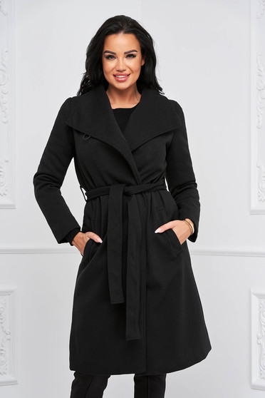 Paltoane dama online, Palton din stofa reiata negru imblanit cu croi larg - SunShine - StarShinerS.ro