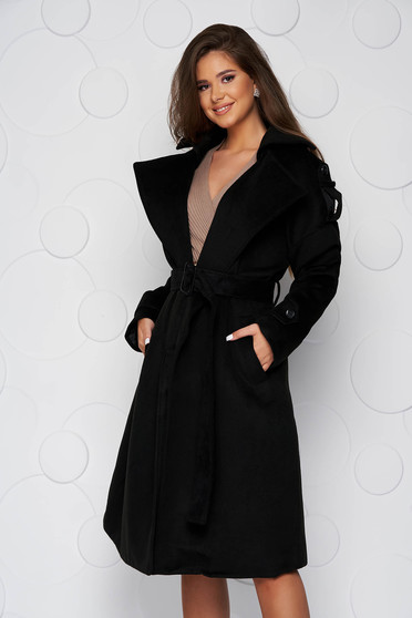 Palton SunShine negru casual lung cu croi larg din stofa groasa si cordon detasabil