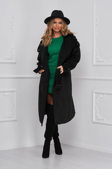 Paltoane dama online, Palton din stofa negru lung cu croi larg si cordon detasabil - SunShine - StarShinerS.ro