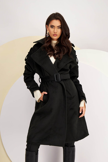 Reduceri paltoane, Palton din stofa negru lung cu croi larg si cordon detasabil - SunShine - StarShinerS.ro