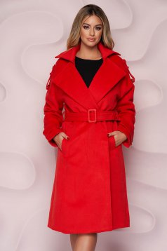 Palton SunShine rosu casual lung cu croi larg din material gros din stofa si cordon detasabil
