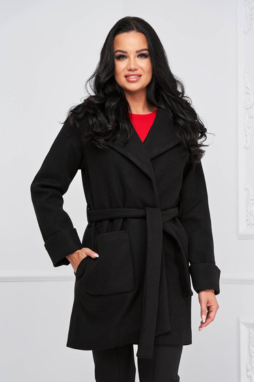  Kabátok & Dzsekik, Fekete irodai egyenes szabású kabát vastag finom tapintású anyagból eltávolítható övvel - StarShiner.hu