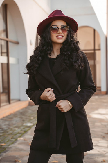 Paltoane dama online, marimea XL, Palton din stofa negru cu croi larg si cordon detasabil - SunShine - StarShinerS.ro
