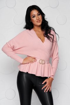 Lightpink women`s blouse thin fabric knitted long sleeve accessorized with breastpin with ruffle details office
