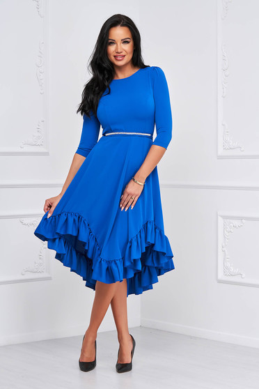 Asymmetrical dresses, - StarShinerS blue dress asymmetrical cloche with ruffles at the buttom of the dress georgette - StarShinerS.com