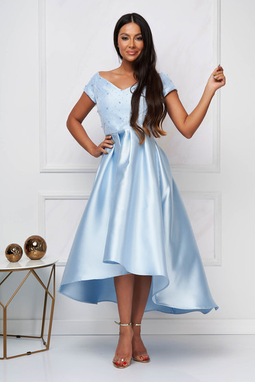 StarShinerS lightblue dress occasional cloche asymmetrical thick fabric strass with pearls