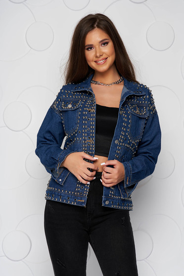 Blue jacket denim short cut casual with front pockets with metallic spikes
