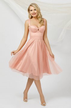 Lightpink dress occasional cloche midi from tulle dots print detachable cord with push-up cups