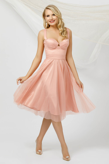 Tulle dresses, Lightpink dress cloche midi from tulle dots print detachable cord with push-up cups - StarShinerS.com