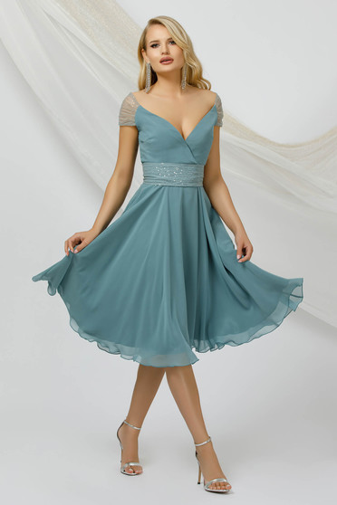Online Dresses, Mint dress thin fabric from veil fabric with sequin embellished details midi - StarShinerS.com