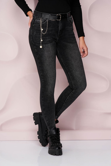 Grey jeans skinny jeans medium waist denim accessorized with belt metallic chain accessory from elastic fabric