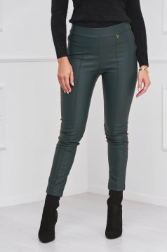 Casual darkgreen StarShinerS trousers from ecological leather with tented cut high waisted side zip fastening