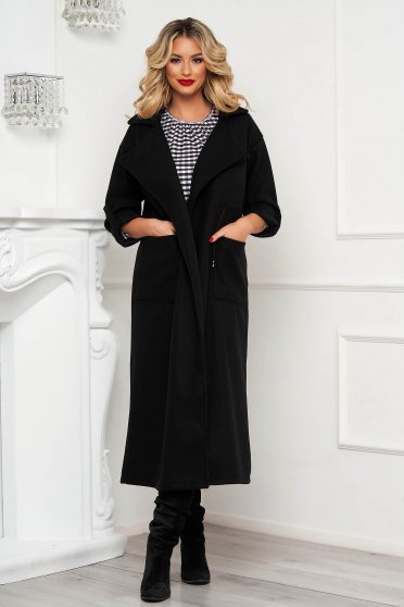 Black trenchcoat thick fabric straight long soft fabric from elastic fabric is fastened around the waist with a ribbon