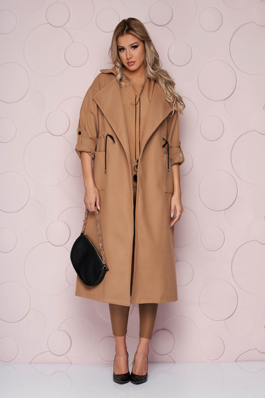 Brown trenchcoat thick fabric straight long soft fabric from elastic fabric is fastened around the waist with a ribbon