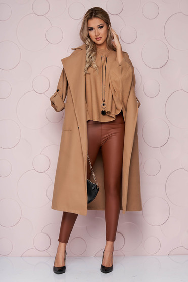 Brown tights casual from ecological leather high waisted with tented cut