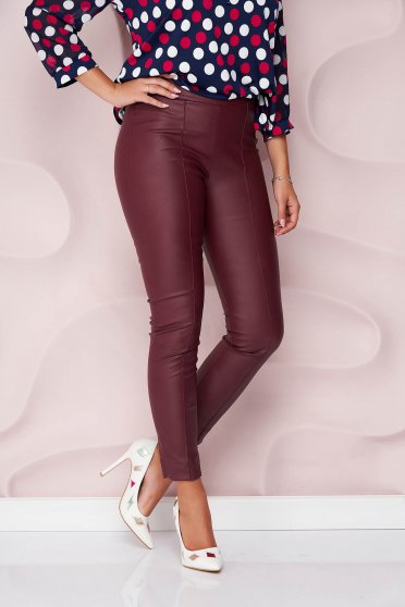 Casual burgundy StarShinerS trousers from ecological leather with tented cut high waisted side zip fastening
