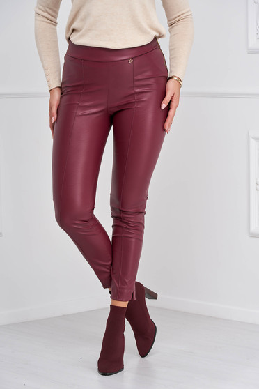 Ecological leather trousers, Casual burgundy StarShinerS trousers from ecological leather with tented cut high waisted side zip fastening - StarShinerS.com
