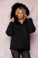 Black jacket loose fit short cut from slicker fur collar is fastened around the waist with a ribbon 1 - StarShinerS.com
