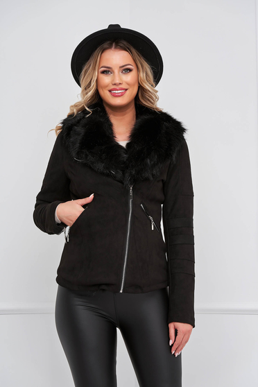  Kabátok & Dzsekik, Fekete szűkített rövid dzseki, szintetikus fordított bőr felsőrésszel és műszőrmével - StarShiner.hu