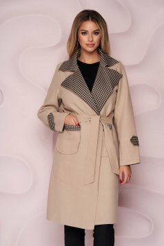 Cream trenchcoat long straight thick fabric slightly elastic fabric detachable cord with chequers