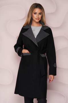 Black trenchcoat long straight thick fabric slightly elastic fabric detachable cord with chequers