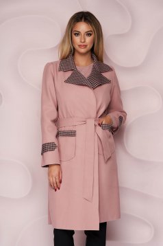 Lightpink trenchcoat long straight thick fabric slightly elastic fabric detachable cord with chequers